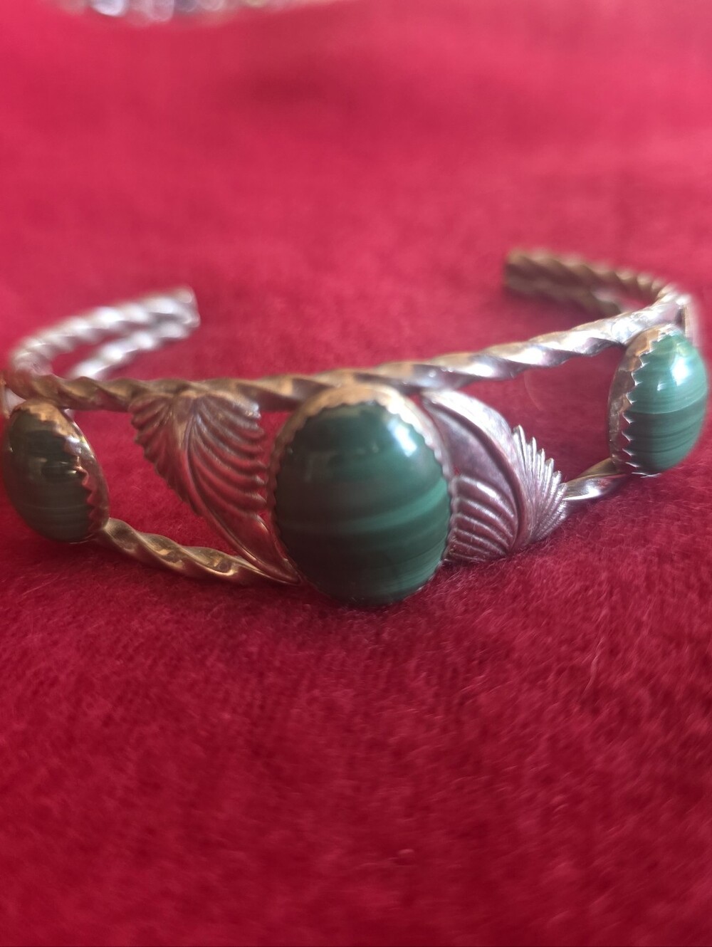 Elegant Malachite Green Sterling Silver Leaf Cuff Bracelet